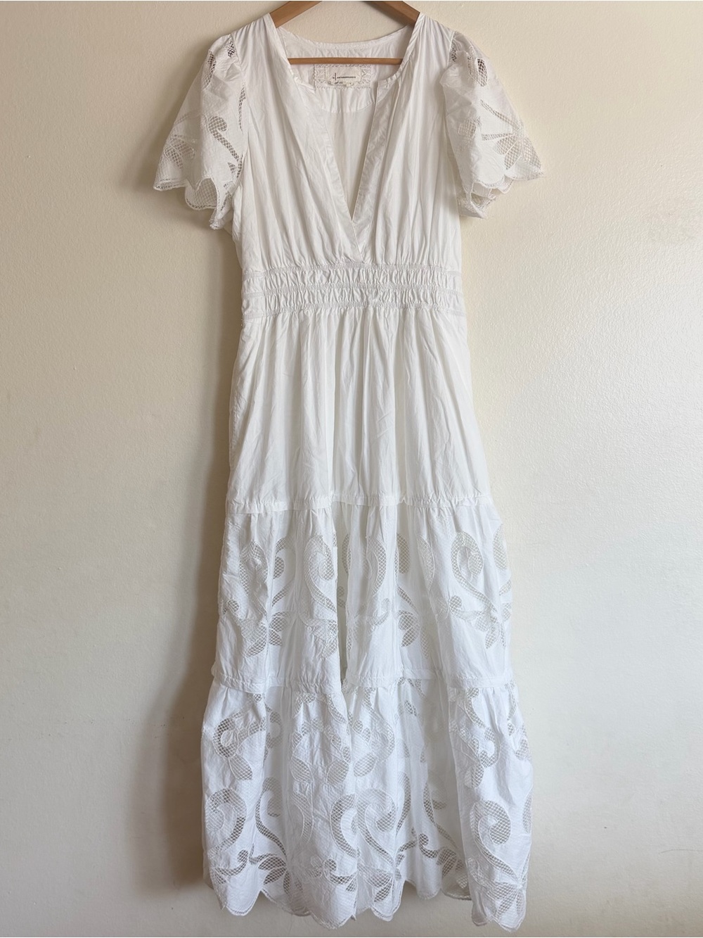 Anthropologie White Eyelet Tiered V-Neck Maxi Dress